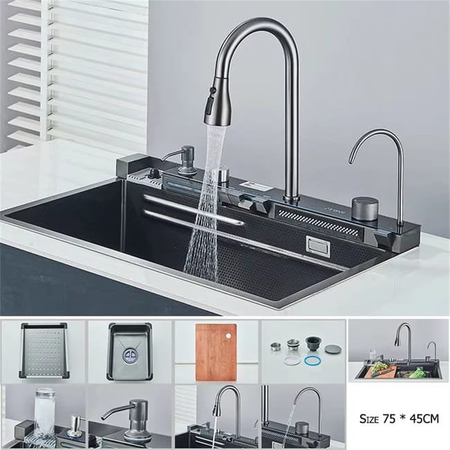 Grand évier de cuisine, cuve simple cascade avec affichage numérique, évier mult