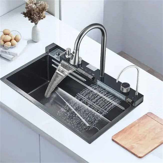 Grand évier de cuisine, cuve simple cascade avec affichage numérique, évier mult